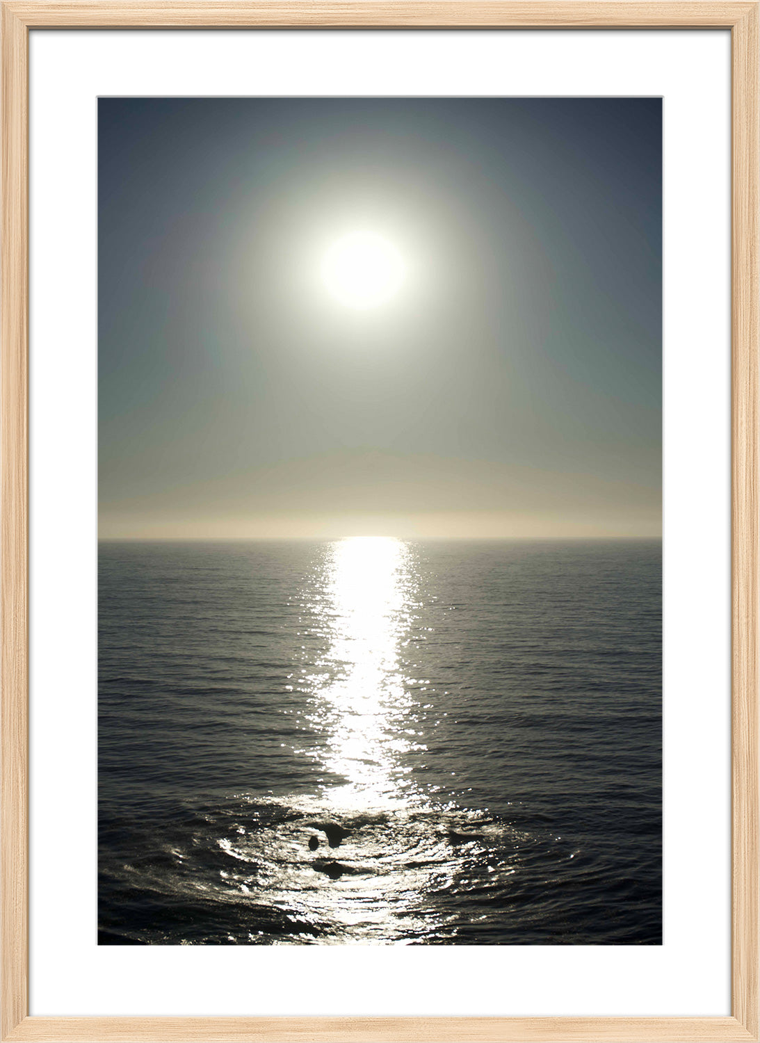 sun above ocean print wood frame