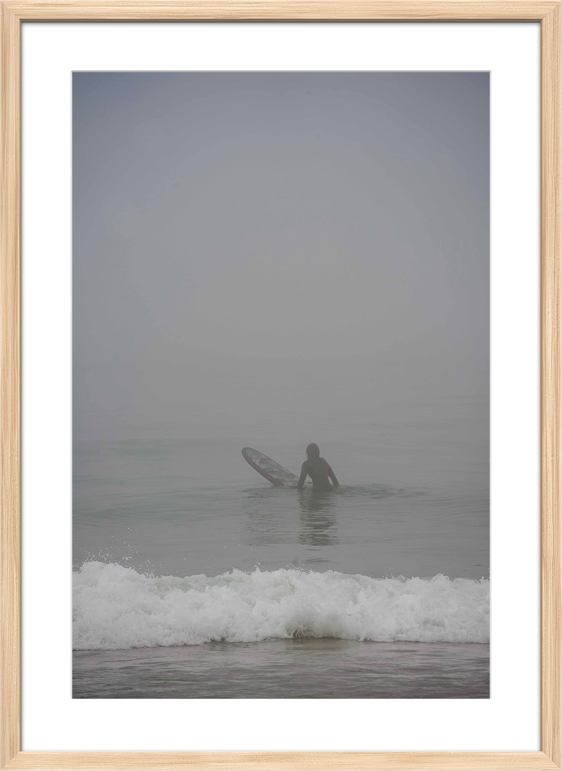fog person surf ocean print wood frame